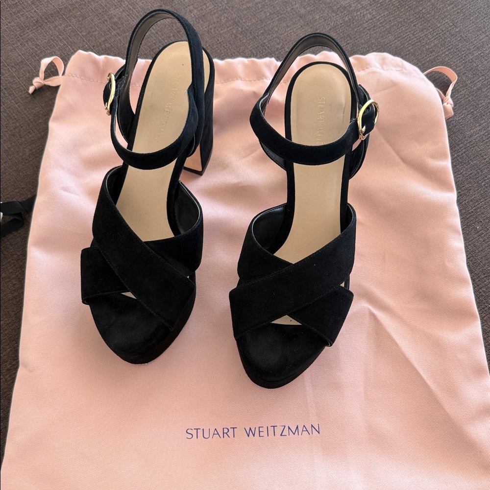 Stuart Weitzman Black Suede Crisscross Block Heel Sandals with Gold Buckle